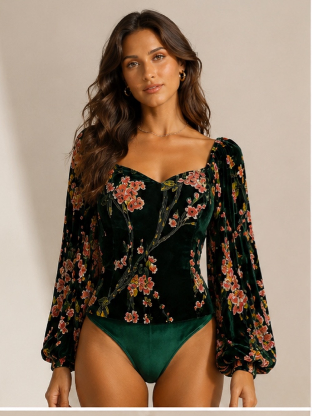 Lulu's Dark Luxe Floral Emerald Velvet Long Sleeve Thong Bodysuit NWOT